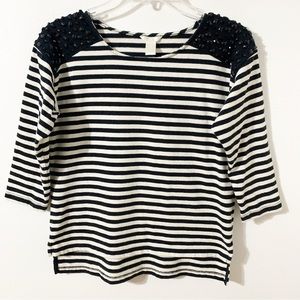 Forever Twenty One Cotton Striped Scoop Neck Sweatshirt with Beading at Shoulder